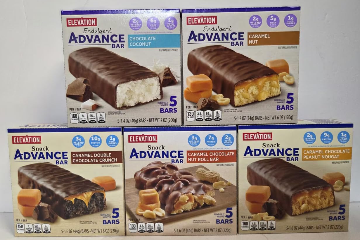 Elevation Endulgent & Snack Advance Bar 5 Flavors Chocolate Coconut, Caramel Nut, Cameral Double Chocolate Crunch, Caramel Choco