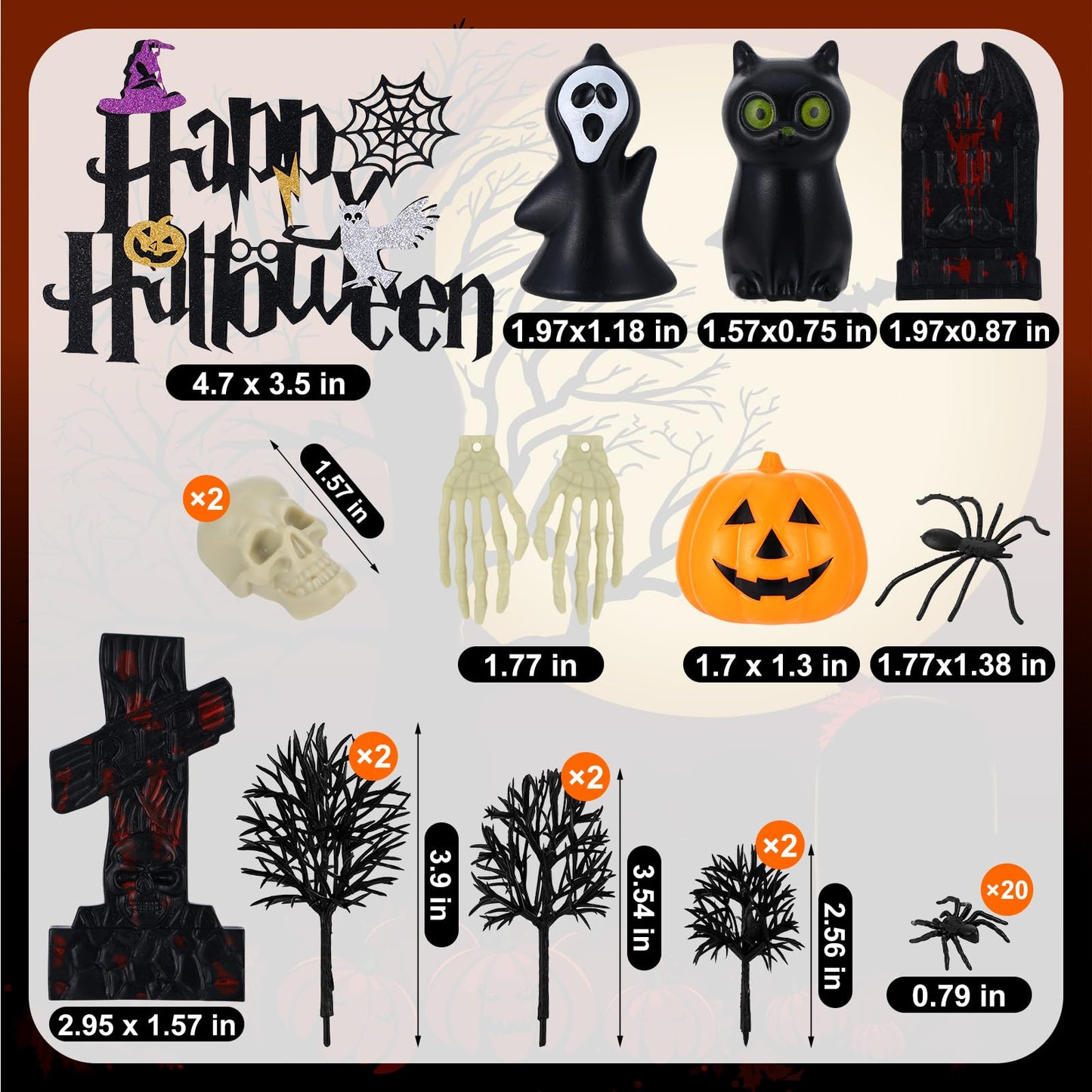 HIYZI Halloween Cake Toppers 48 Pcs 3D Decorations, Plastic, Witch, Bat, Castle, Spider, Skull, Pumpkin, Eyeballs, Hands, Tombstone