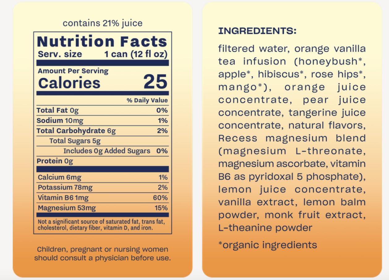 Recess Magnesium dietary product Drink, Calming Beverage, Orange Vanilla, 12 Fl Oz, Pack of 12