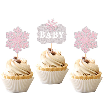 24 Pcs Snowflake Baby Cupcake Toppers Glitter Winter Snowflake Baby Shower Cupcake Picks Decorations For Winter Snowflake Theme
