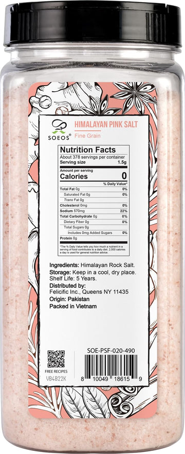 Soeos Himalayan Pink Salt - Fine Grain, 20 oz, Kosher Certified, Pure Rock Salt for Grinders and Salt Mills