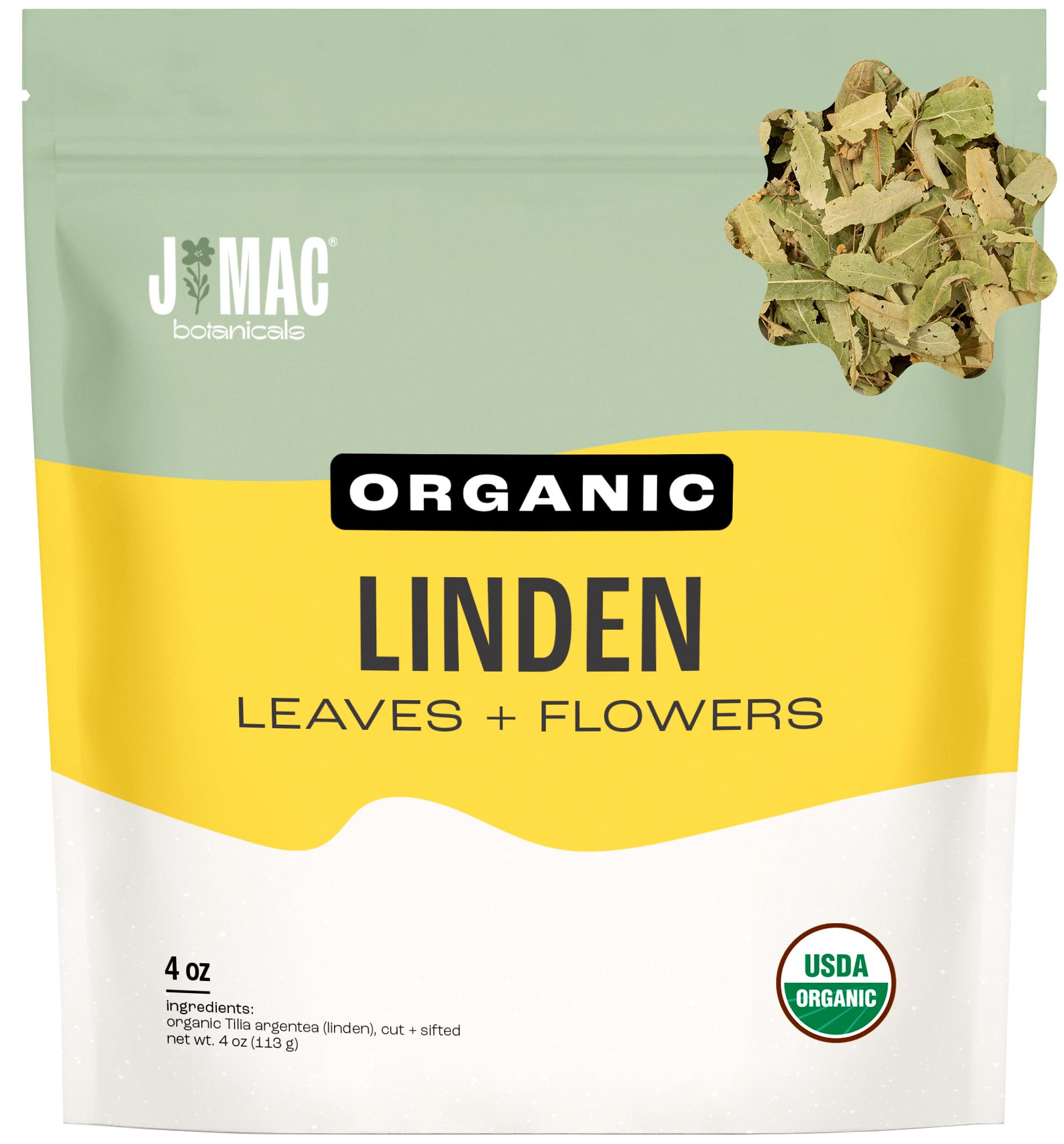J MAC BOTANICALS Organic Linden Leaf and Flower Whole Leaves and Flowers 4 Ounces
