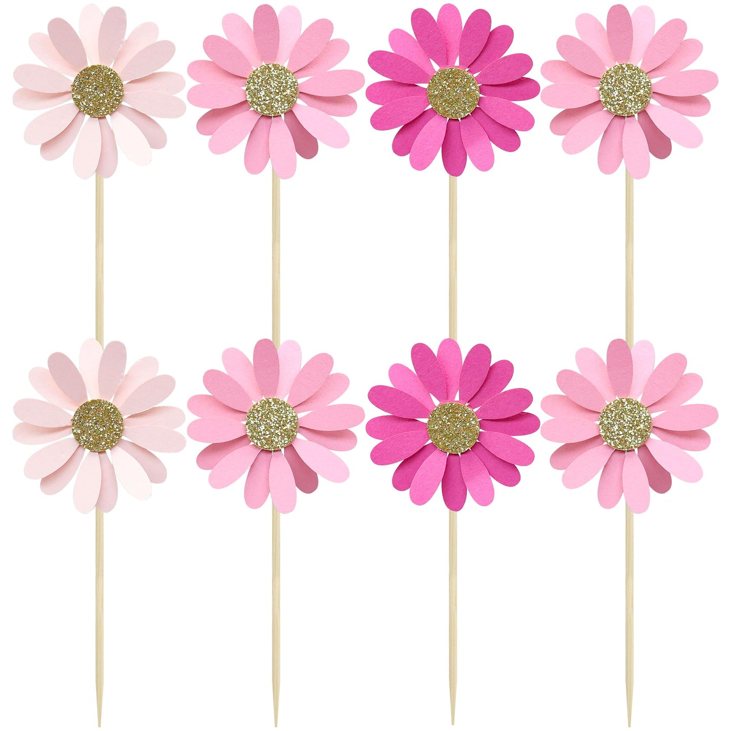 Ephlyn 24Pcs Daisy Cupcake Toppers Flower Cake Decorations 4.3cm x 12cm Rose Red Pink Paper