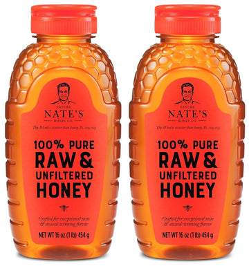 Nature Nate's 100% Pure, Raw & Unfiltered, Squeeze Bottle; All-natural Sweetener, No Additives, Honey, 1 Pound (Pack of 2)
