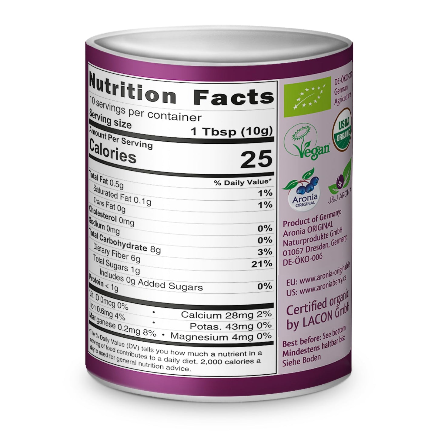Aronia Original Organic Aronia Berry Powder, 3.5 oz, 10:1 Fruit-to-Powder Ratio, Vegan, Non-GMO, No Added Sugar