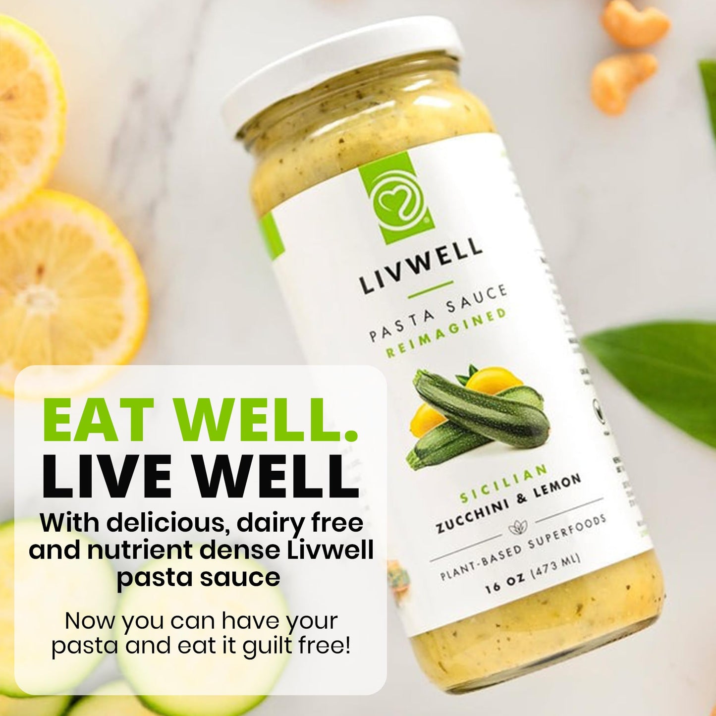 Livwell Sicilian Zucchini Pasta Sauce - Pack Of 6 Plant Based Dairy Free Sicilian Zucchini & Lemon Pasta Sauce With Fresh Basil,