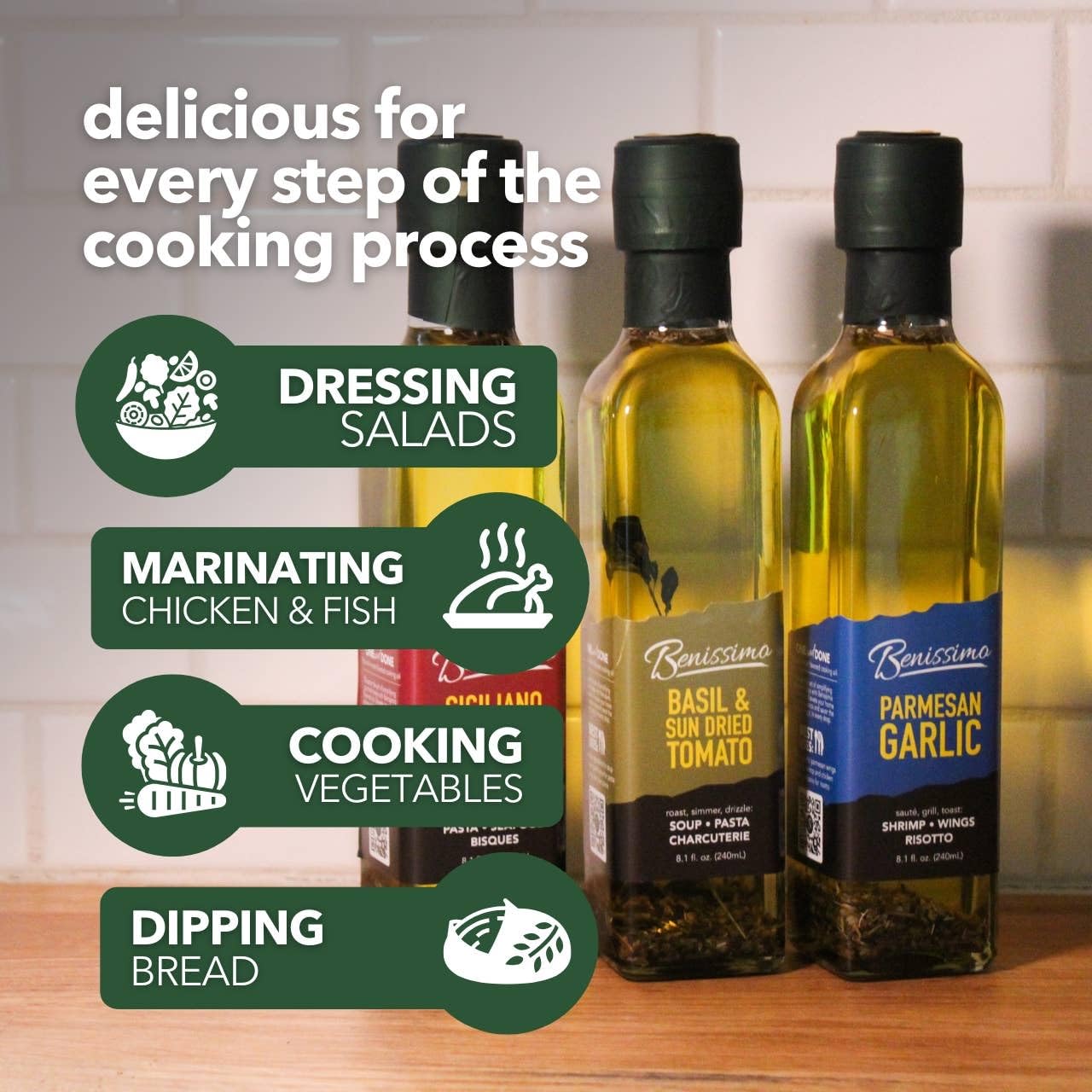 Benissimo Basil and Sun Dried Tomato Herb Infused Oil, All Natural, Farm Fresh Herbs, Sizzle and Drizzle, 8.1 FL Oz