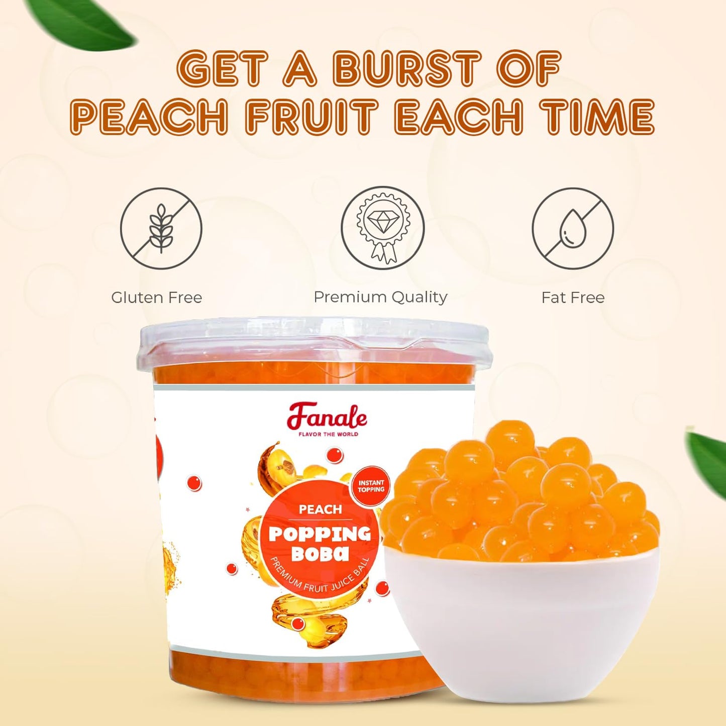 Fanale Peach Popping Boba Pearls, Vegan, Non Gmo, Gluten Free, Fat Free, Perfect For Bubble Tea, Smoothies, Ice Cream, Desserts,