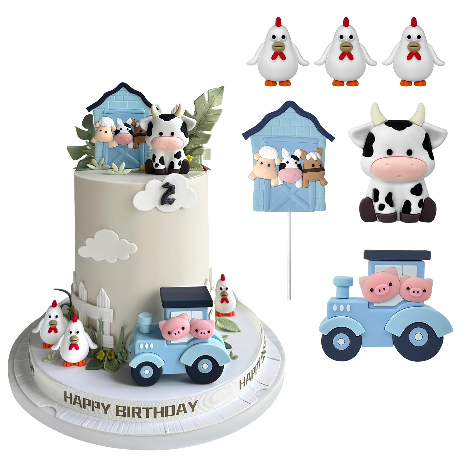 6 Pcs Farm Cake Toppers, Cartoon Animal Cake Topper Decorations For Birthday Party Baby Shower Decor (Blue)