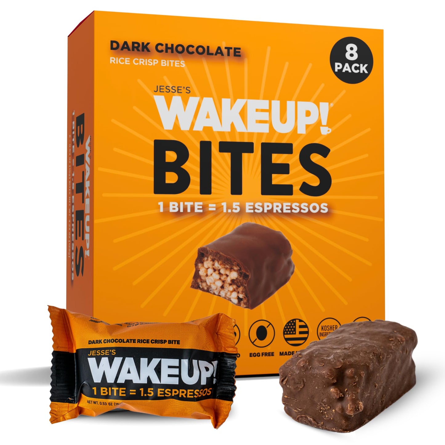 Wake Up! Energy Bites – Dark Chocolate – 8 Pack | 1 Bite = 1.5 Espressos (175Mg Clean Caffeine) | Vegan, Gluten-Free, Kosher | Smooth Focus & Crash-Free Energy For Work, Study & Fitness