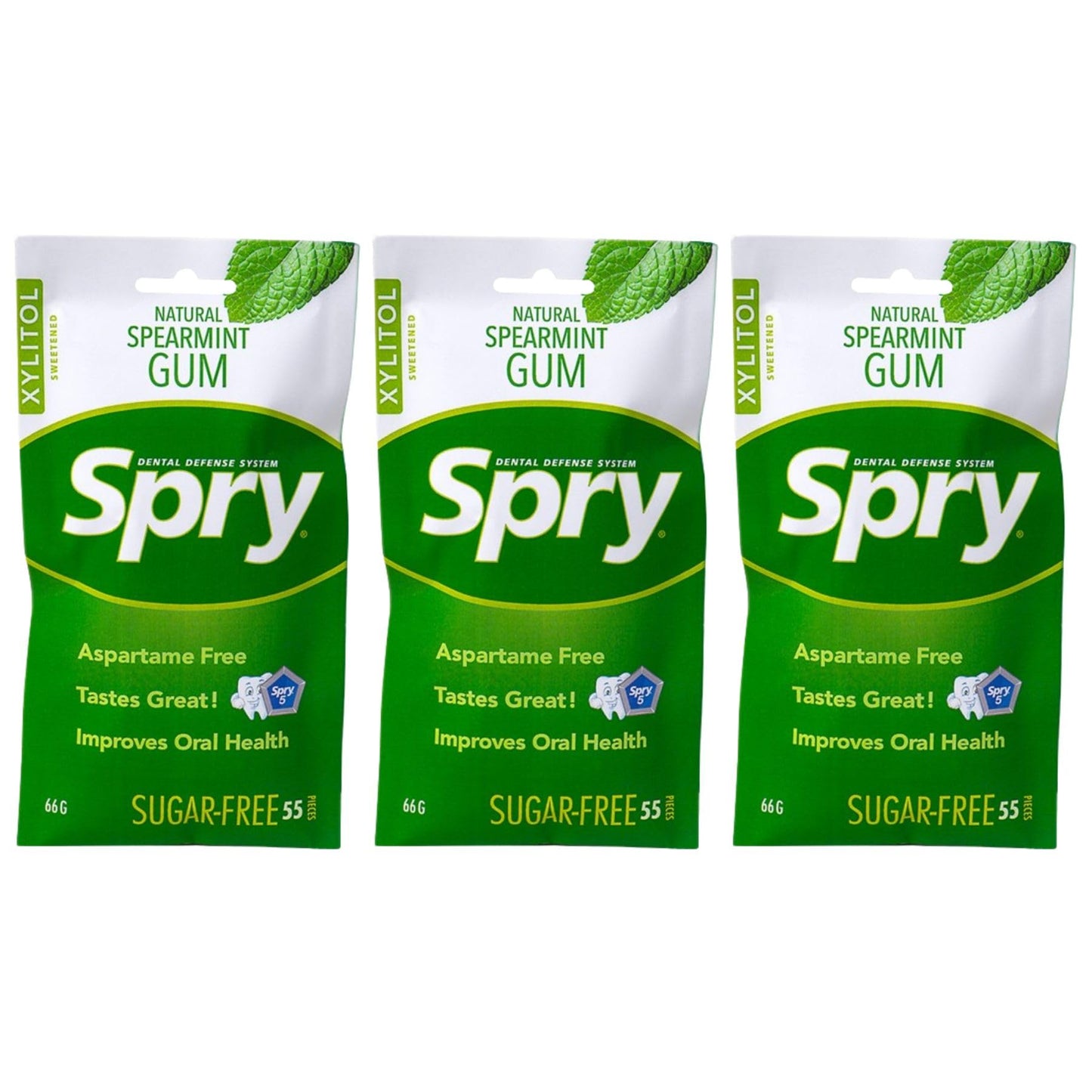 Spry Xylitol Chewing Gum - Aspartame-Free, Sugar-Free, Non-GMO, Spearmint, 55 Count (Pack of 3)