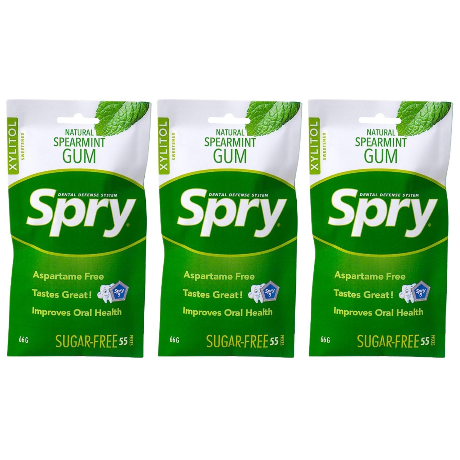 Spry Xylitol Chewing Gum - Aspartame-Free, Sugar-Free, Non-GMO, Spearmint, 55 Count (Pack of 3)