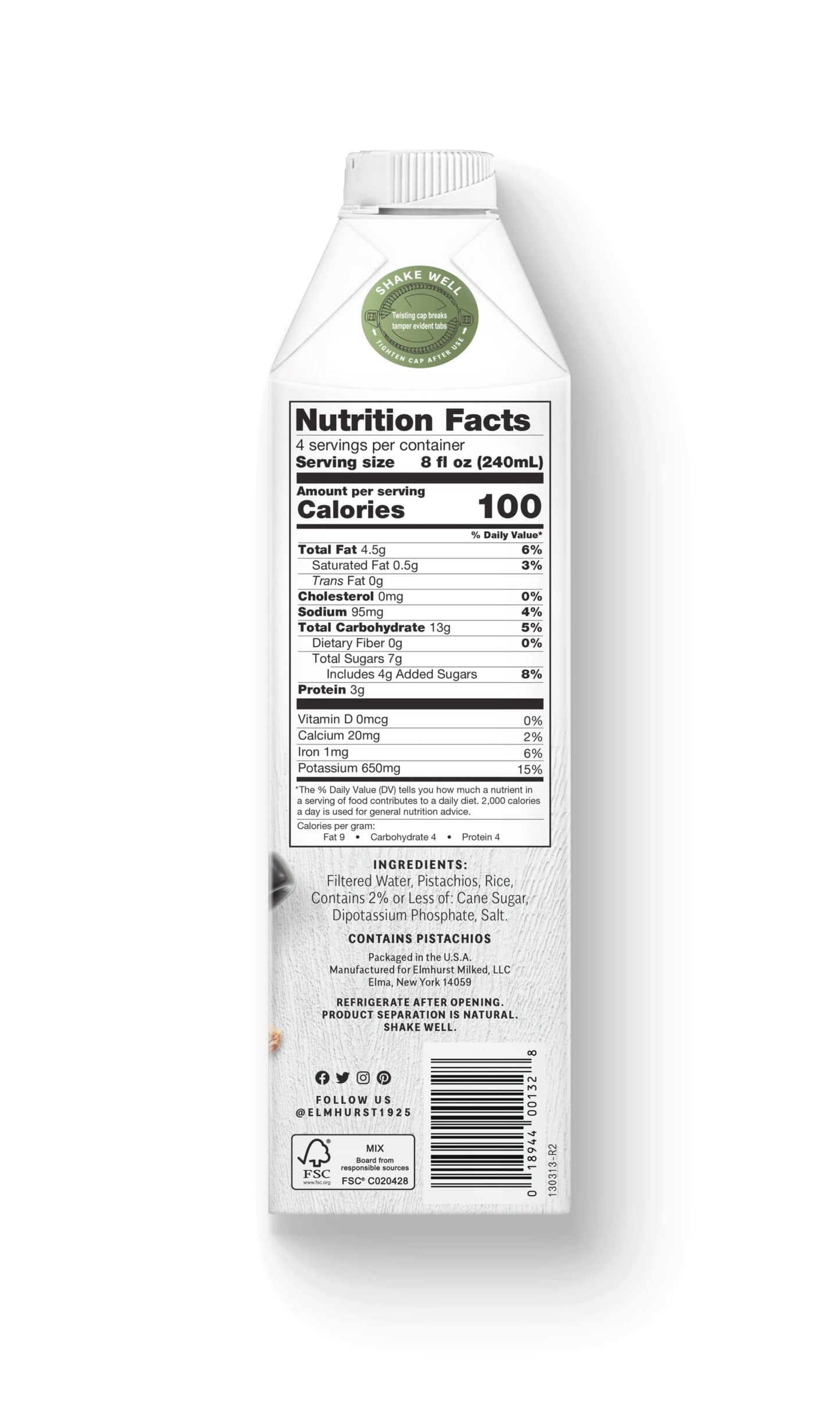 Elmhurst 1925 Barista Edition Pistachio Milk, Plant-Based, Vegan, 32 Ounce (Pack Of 6)