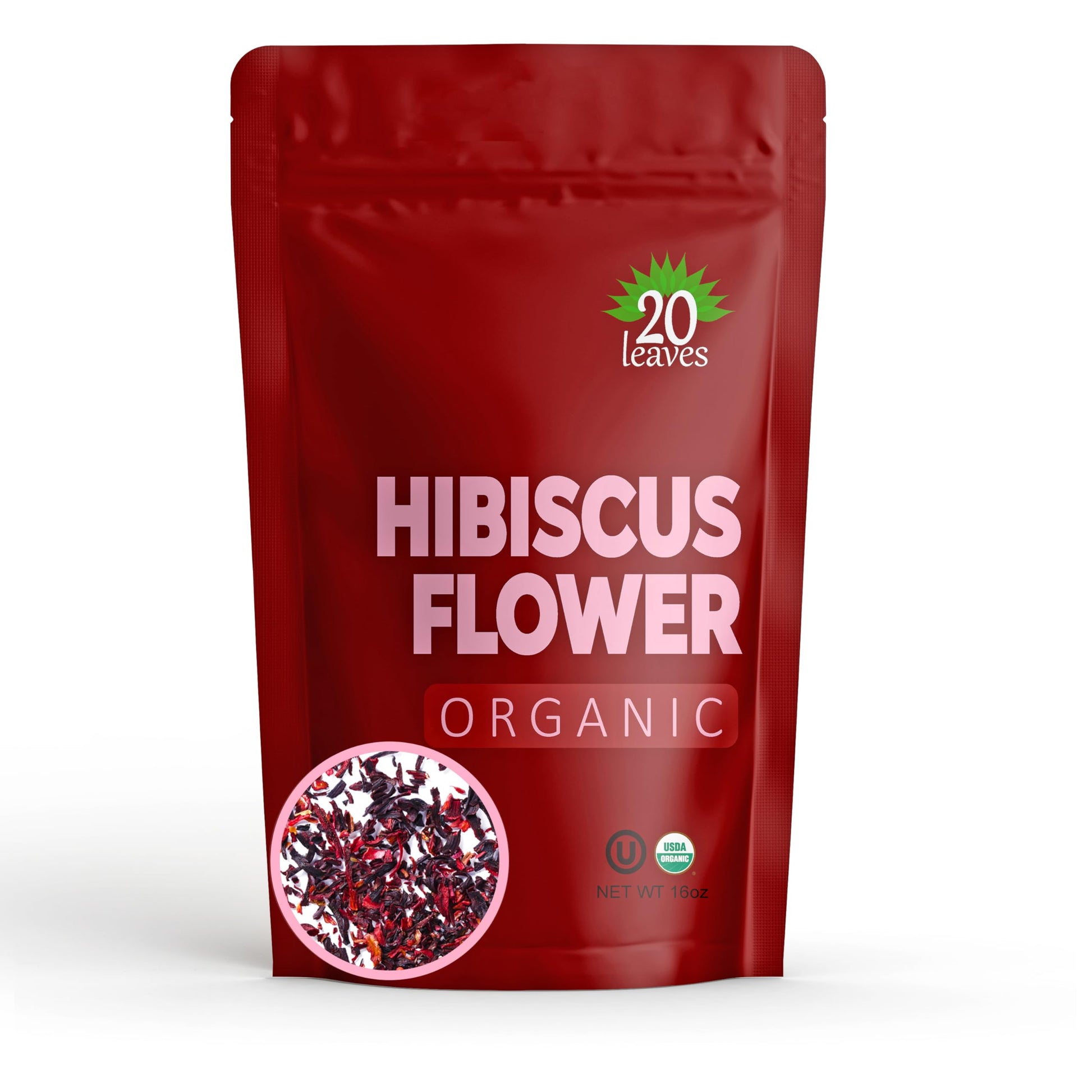 20 Leaves Hibiscus Flower Loose Leaf Tea - Organic Herbal Tisane - Caffeine Free - 16oz Resealable Bag