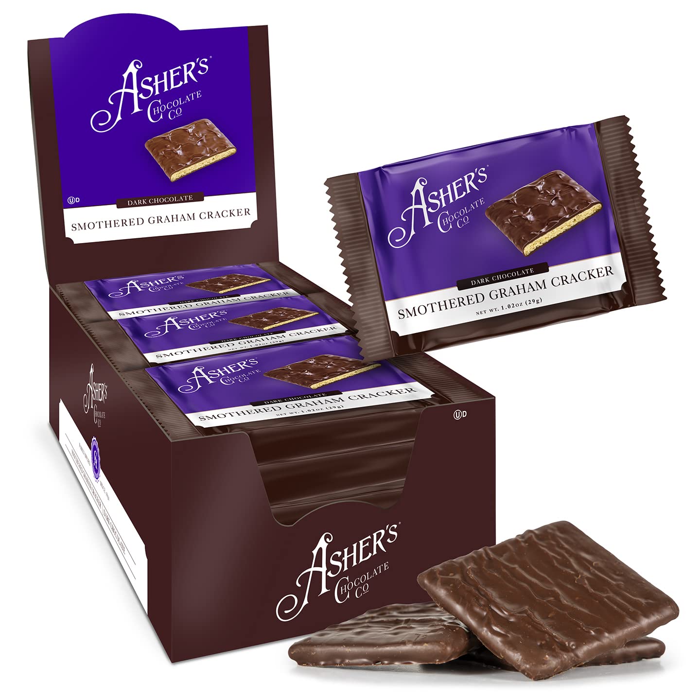 Ashers Chocolates Chocolate Covered Grahams, 18 Count, Gourmet Sweet and Salty Snack, Dark Chocolate, Individually Wrapped