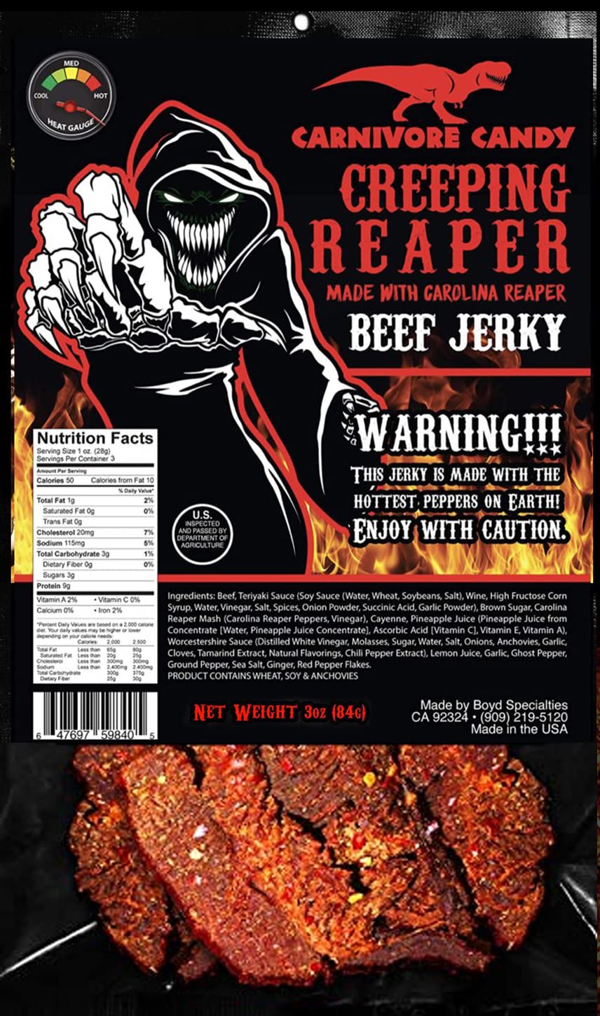 Jurassic Jerkys Creeping Reaper    Carolina Reaper Beef Jerky (1)-3Oz Bag The Reaper Is The Hottest Pepper In The World! Sweet W