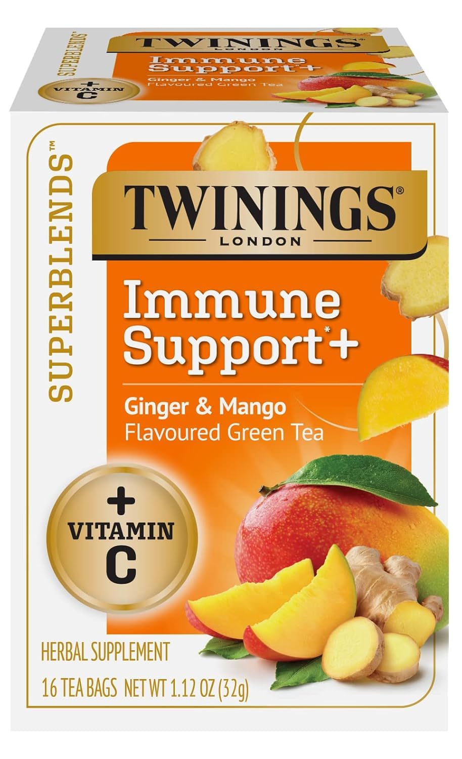 Twinings Superblends Immune Support+ Herbal Tea with Vitamin C, Ginger & Mango Flavoured Green Tea, 16 Count (Pack of 6), Enjoy 