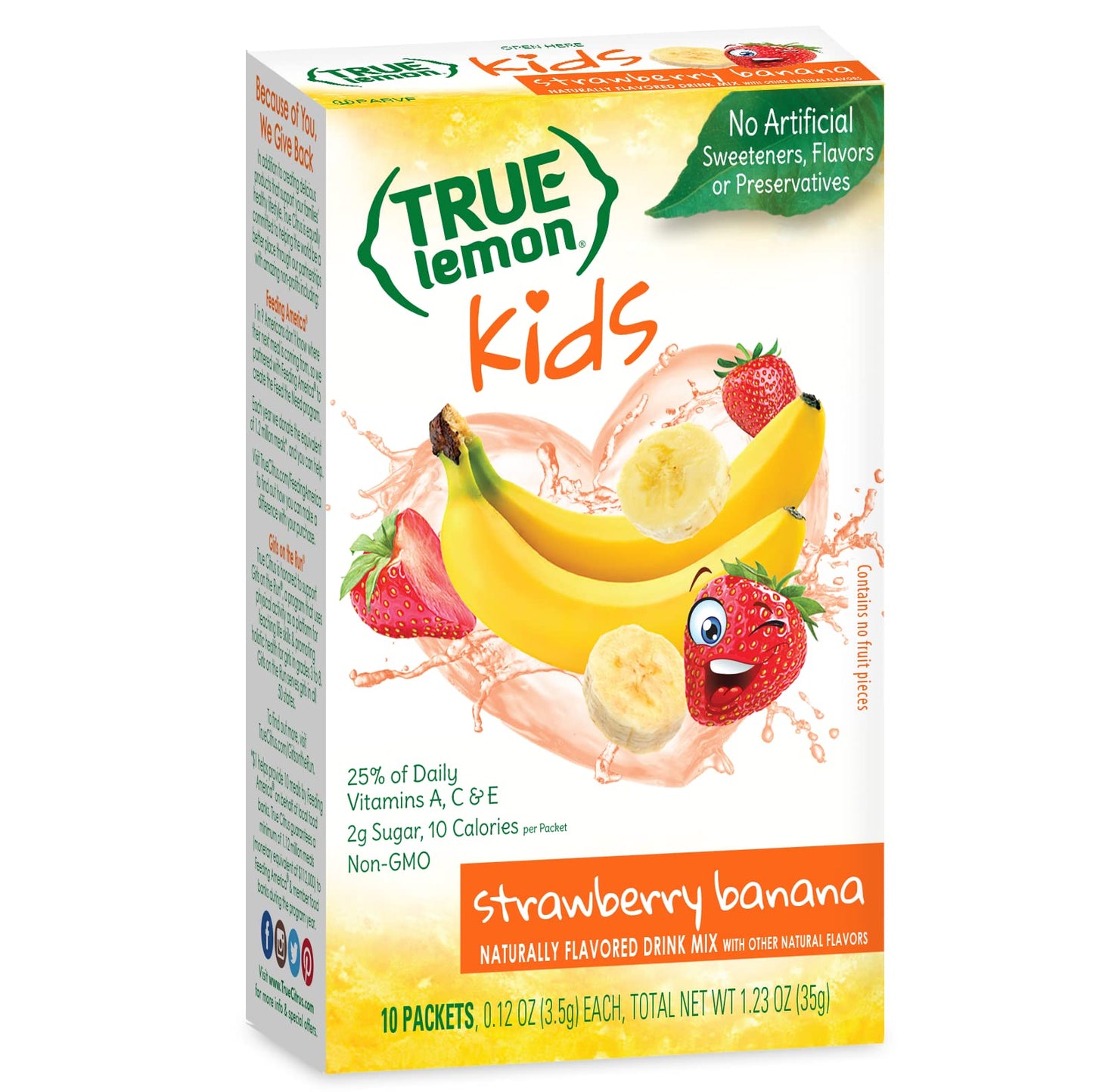 TRUE LEMON Strawberry Banana Kids Drink Mix (10 Packets) - No Preservatives or Artificial Flavors - Low Sugar Hydration Powder f