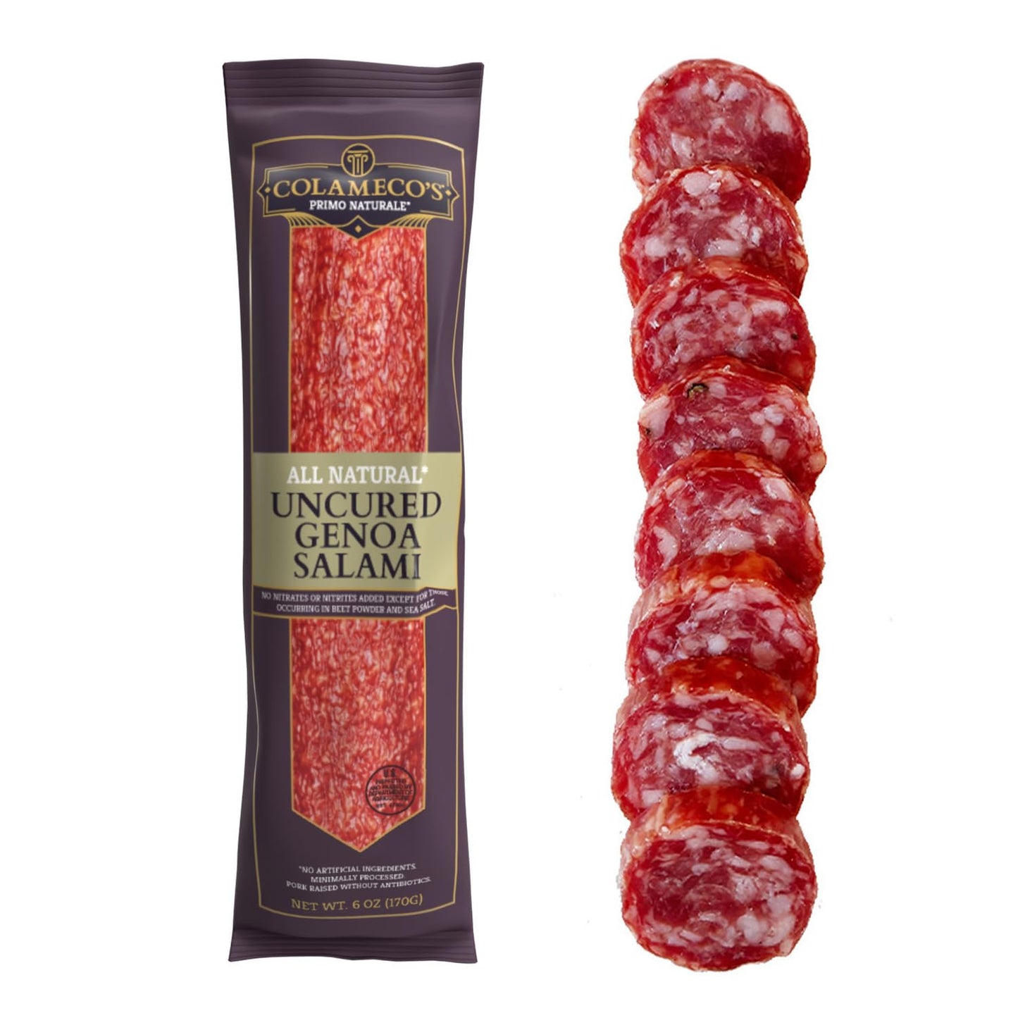 Colamecos All Natural Uncured Salami Chub - Authentic Italian Flavor, Humanely Raised - Gluten-Free, Dairy-Free Uncured Salami - 6 Oz (Pack Of 1, Genoa Salami)