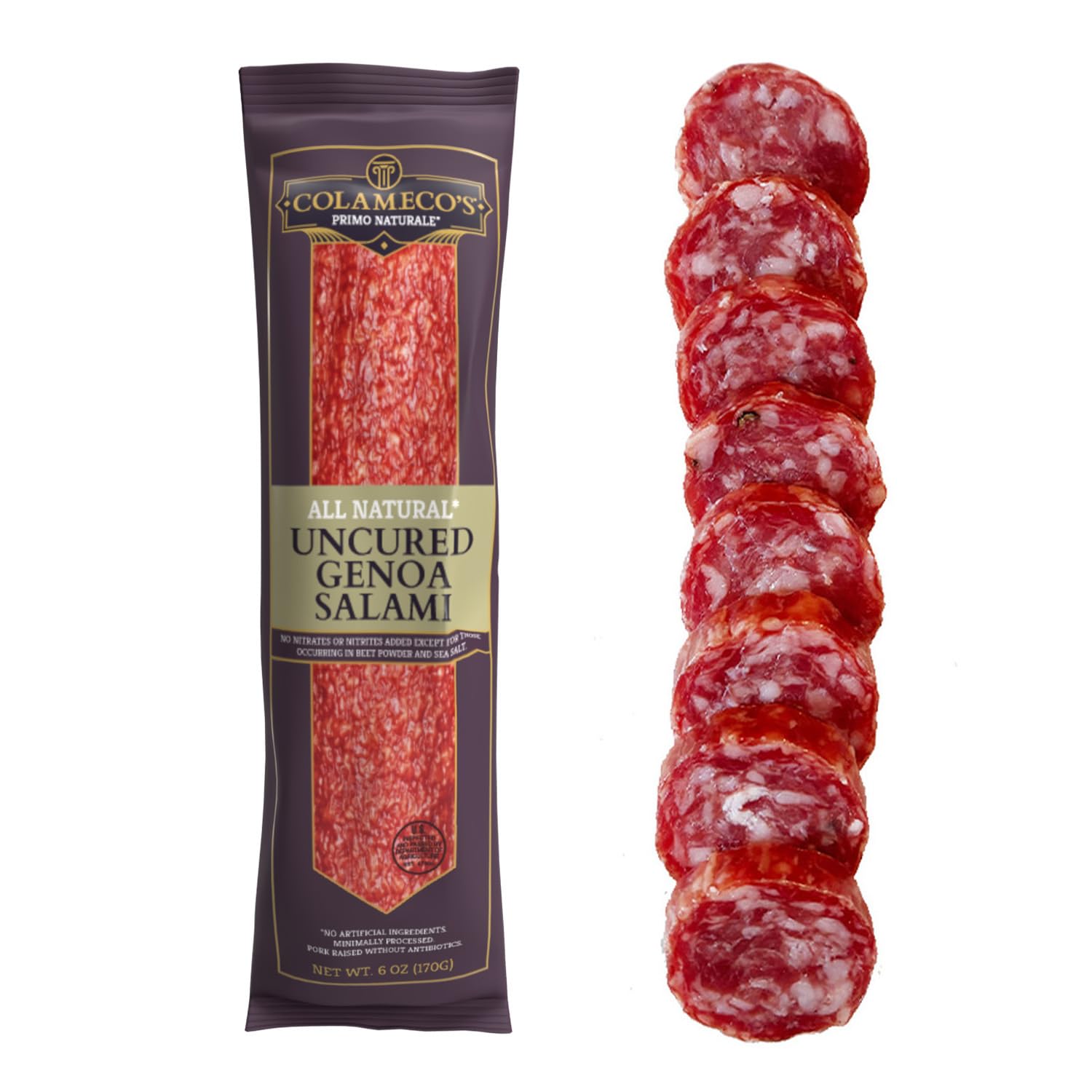 Colamecos All Natural Uncured Salami Chub - Authentic Italian Flavor, Humanely Raised - Gluten-Free, Dairy-Free Uncured Salami - 6 Oz (Pack Of 1, Genoa Salami)