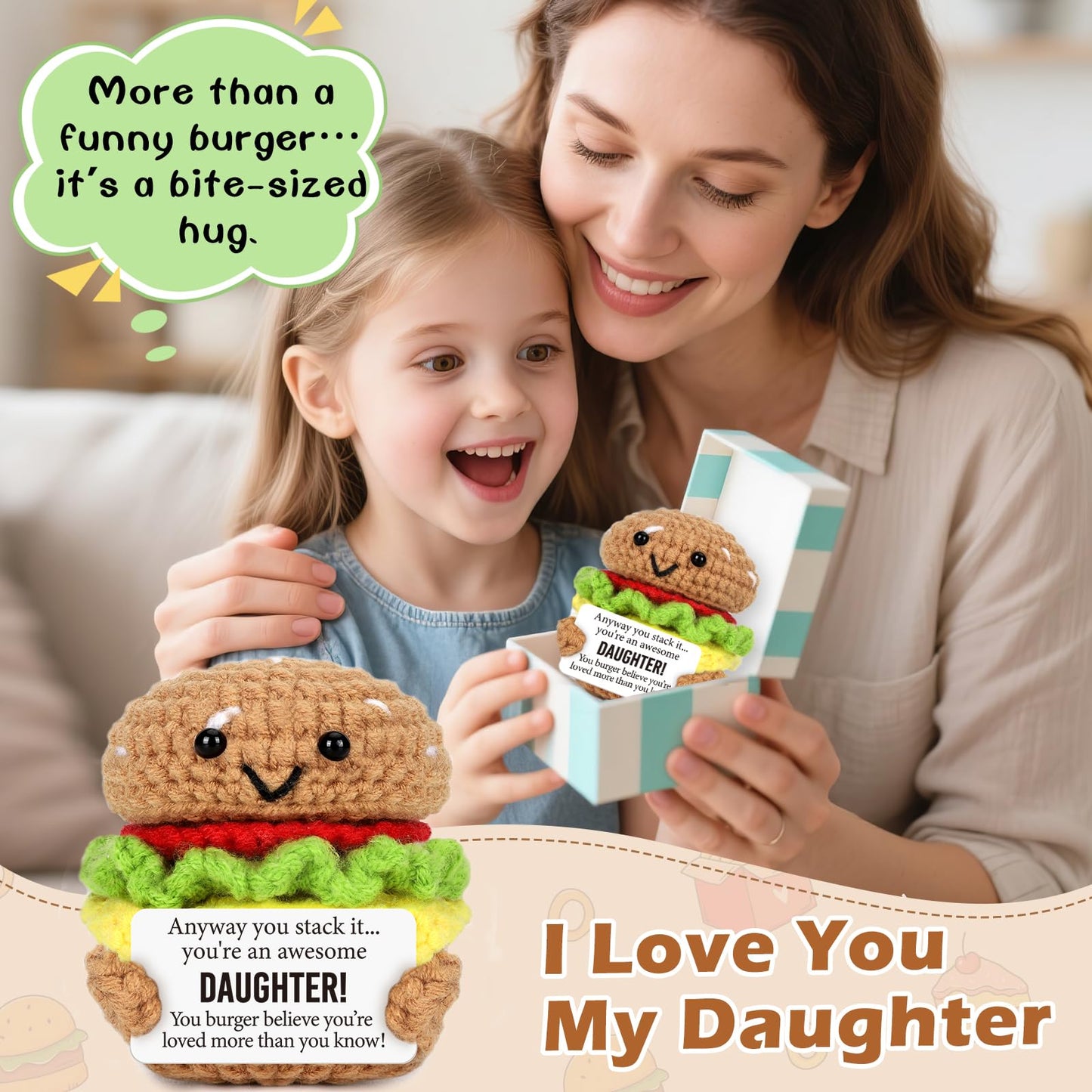 Avboda ?Mini Inspirational Daughter Birthday Gifts From Mom Dad Cute Handmade Positive Crochet Burger For Dauther From Parents Motivational Encouragement Back To School For Daughters