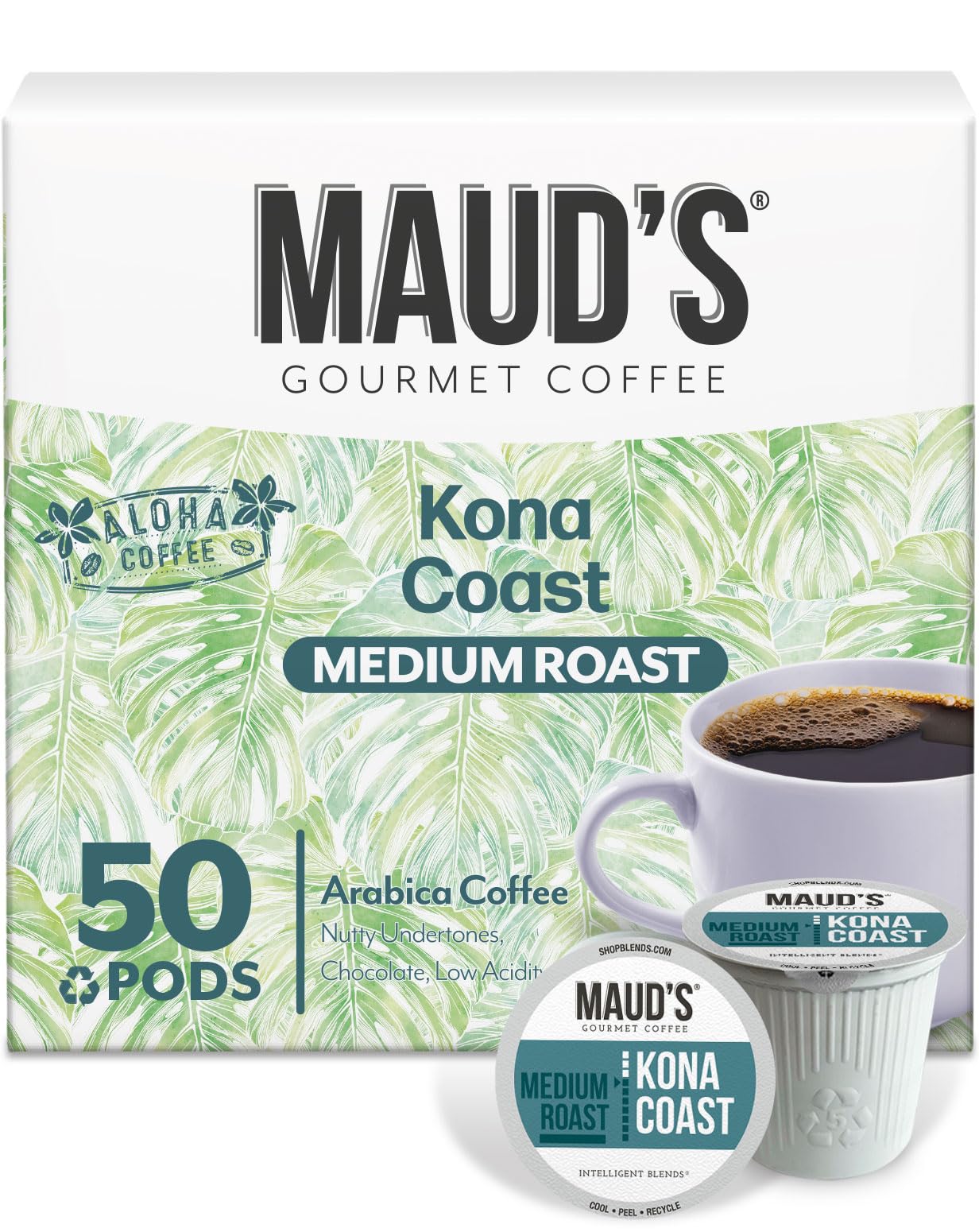 Mauds Kona Coffee Pods  50ct  Medium Roast Coffee in Recyclable Single Serve Pods - 100% Arabica Coffee  Compatible with Keurig K Cups Maker