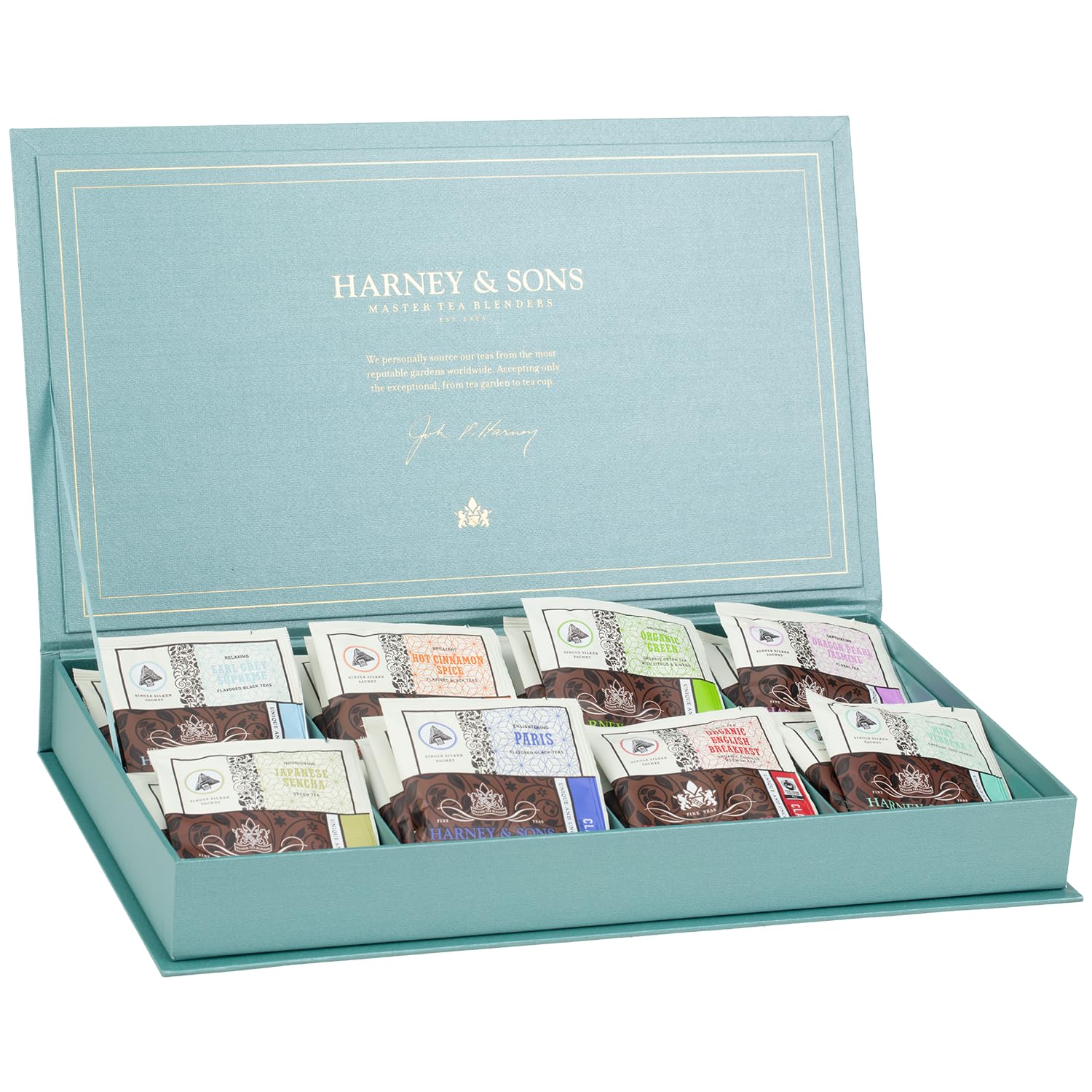 Harney & Sons Teal Tea Chest Gift, Featuring 8 Wrapped Sachet Flavors