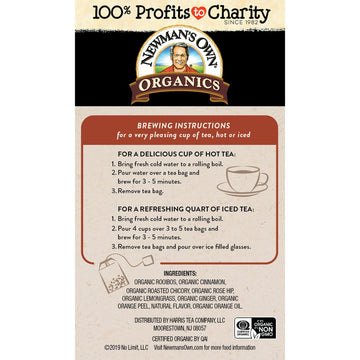 Newmans Own Organic Sweet Cinnamon Spice Herbal Tea - Caffeine-Free Rooibos with Organic Ginger - 20 Individually Wrapped Bags - 4 Count