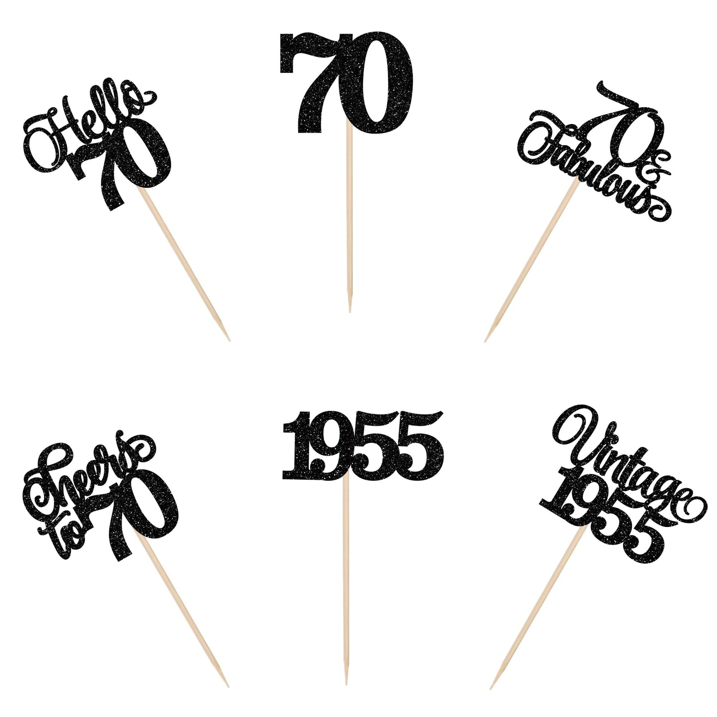 Rssta i 24 Pack Cupcake Toppers Glitter Seventy for 70th Birthday Party, Black Paper Decorations