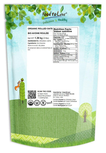 Food to Live Organic Rolled Oats, 3 Pounds - Old-Fashioned, 100% Whole Grain, Non-GMO, Raw, Kosher, Bulk Oats. Perfect for Morni