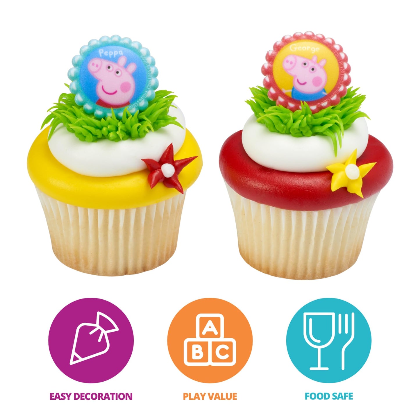 DecoPac Peppa Pig Cupcake Decorations, 24 Pack, 3D Food Safe Toppers, Plastic, Multi Color, Model 47705