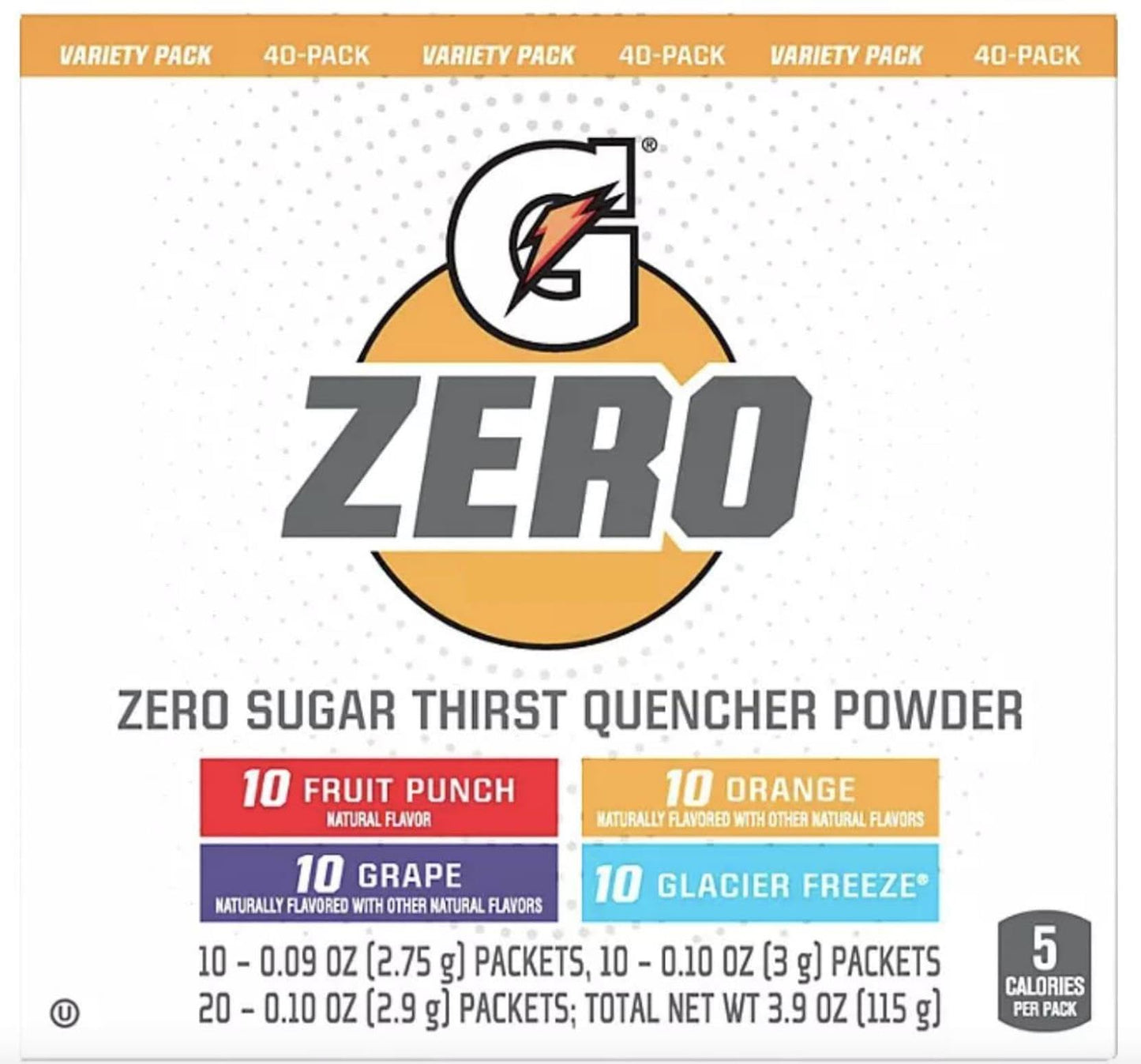 Gatorade G Zero Sugar Thirst Quencher Powder, (Pack Of 40) 10 Flavors Of Each (Fruit Punch, Orange, Grape & Glacier Freeze)