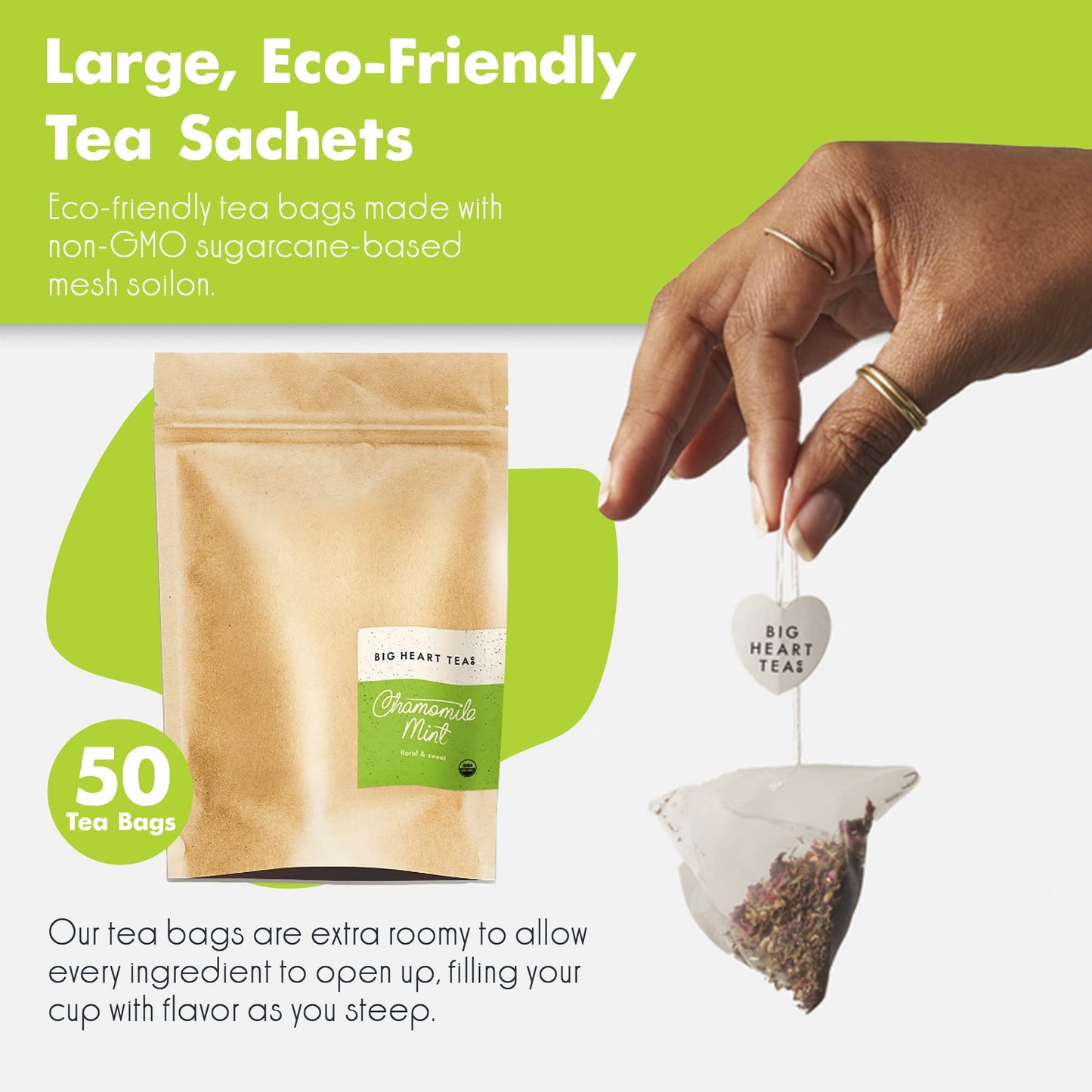 Big Heart Tea Co. Chamomile Mint Tea Bags - Organic Herbal Decaf, 50 Pack, Zero Plastic Sachets