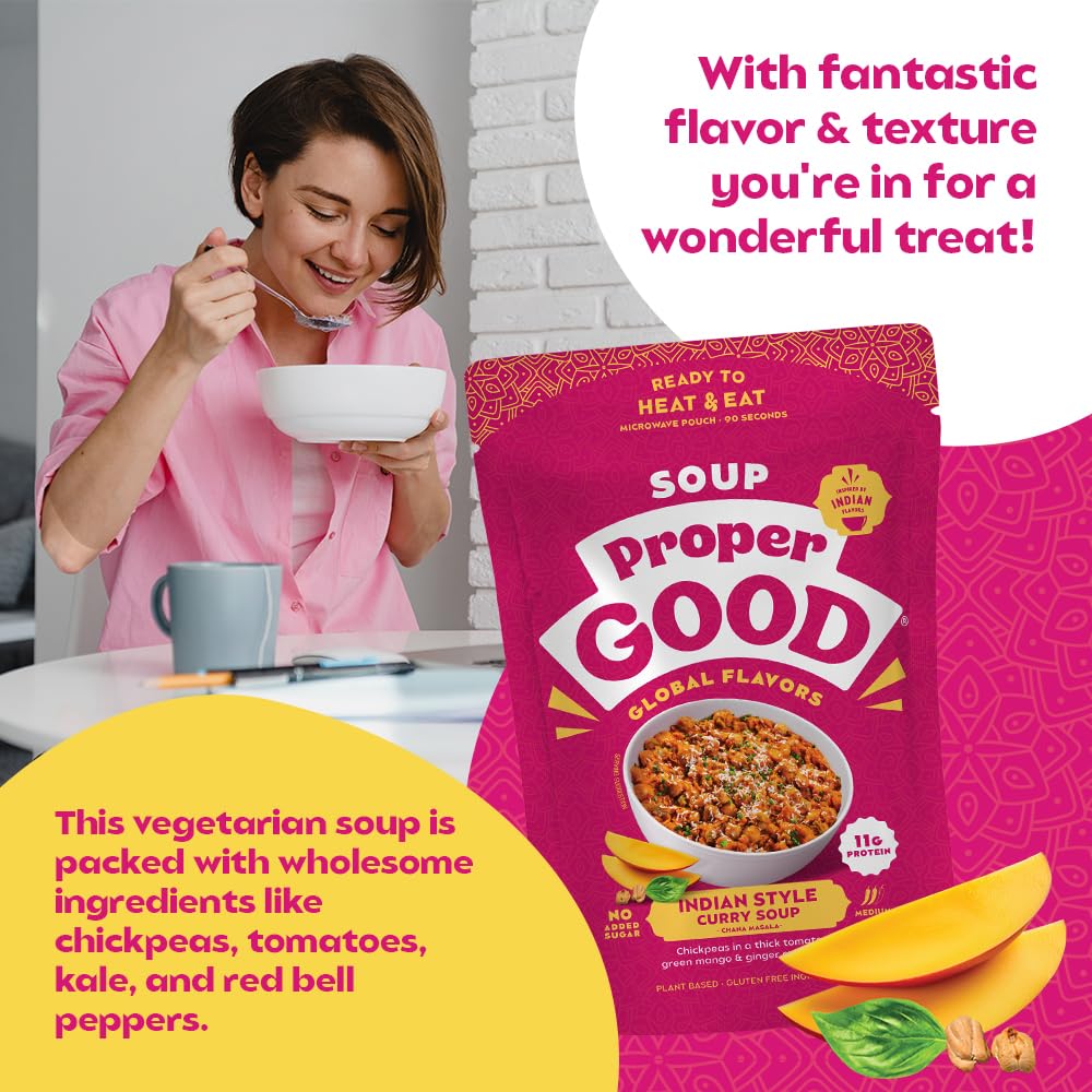 Proper Good Chana Masala Curry Soup | Ready-To-Eat Microwaveable Indian Inspired Chickpea Soup | Flavor-Packed | 90-Second Meal