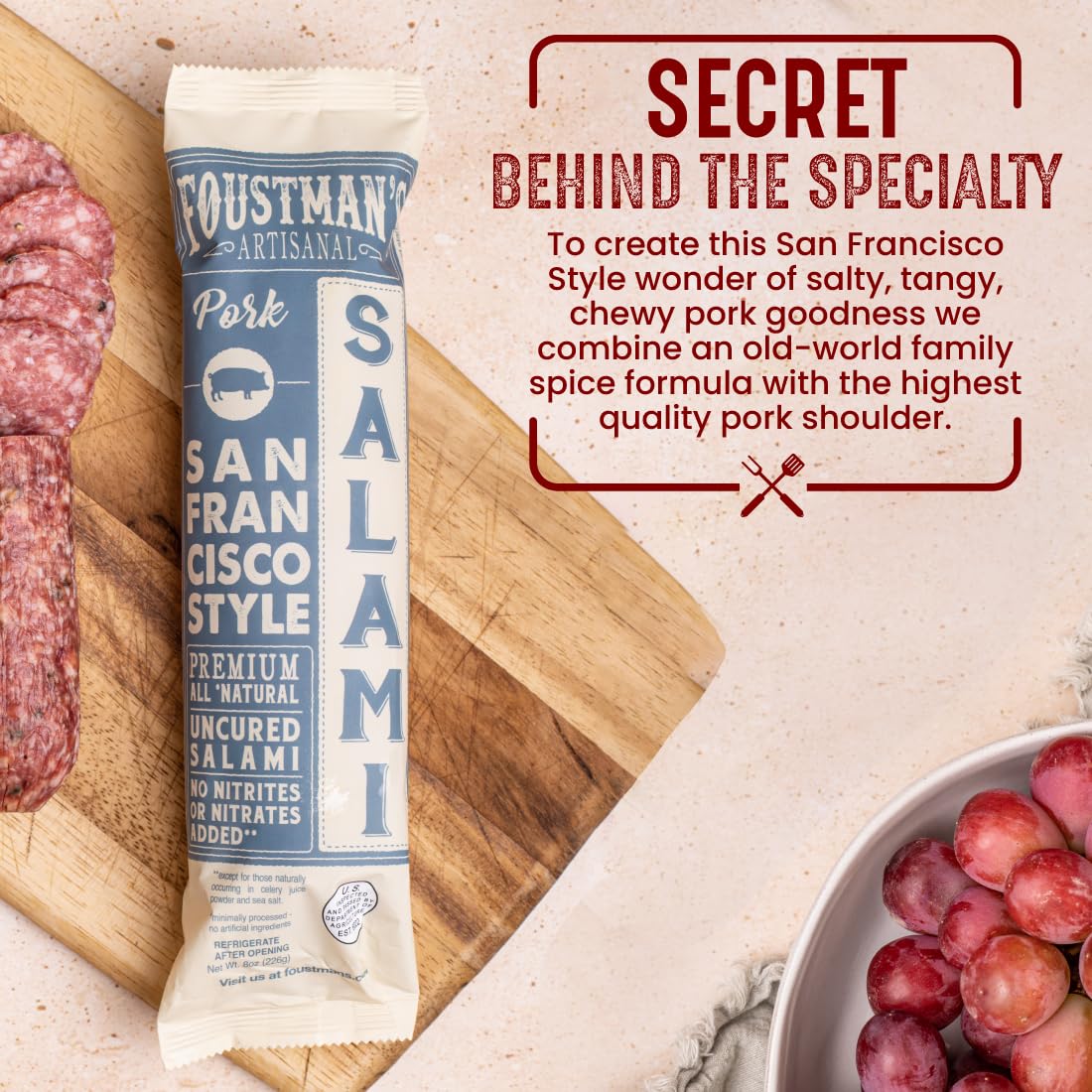 Foustman'S Salami Pork San Francisco Style Artisanal, Nitrate-Free, Naturally Cured, Gluten-Free, Dairy-Free, Pack Of 3, 8 Oz Ea