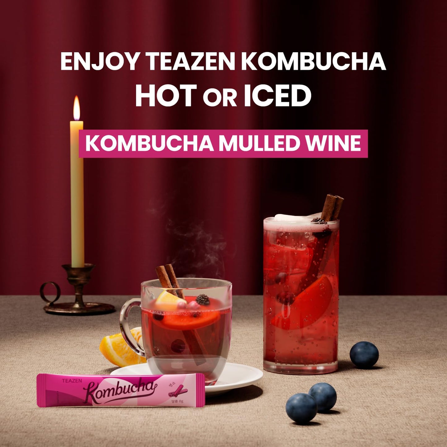 TEAZEN Mulled Wine Kombucha Tea, Sugar Free, Probiotics, 10 Sticks, 1.76oz