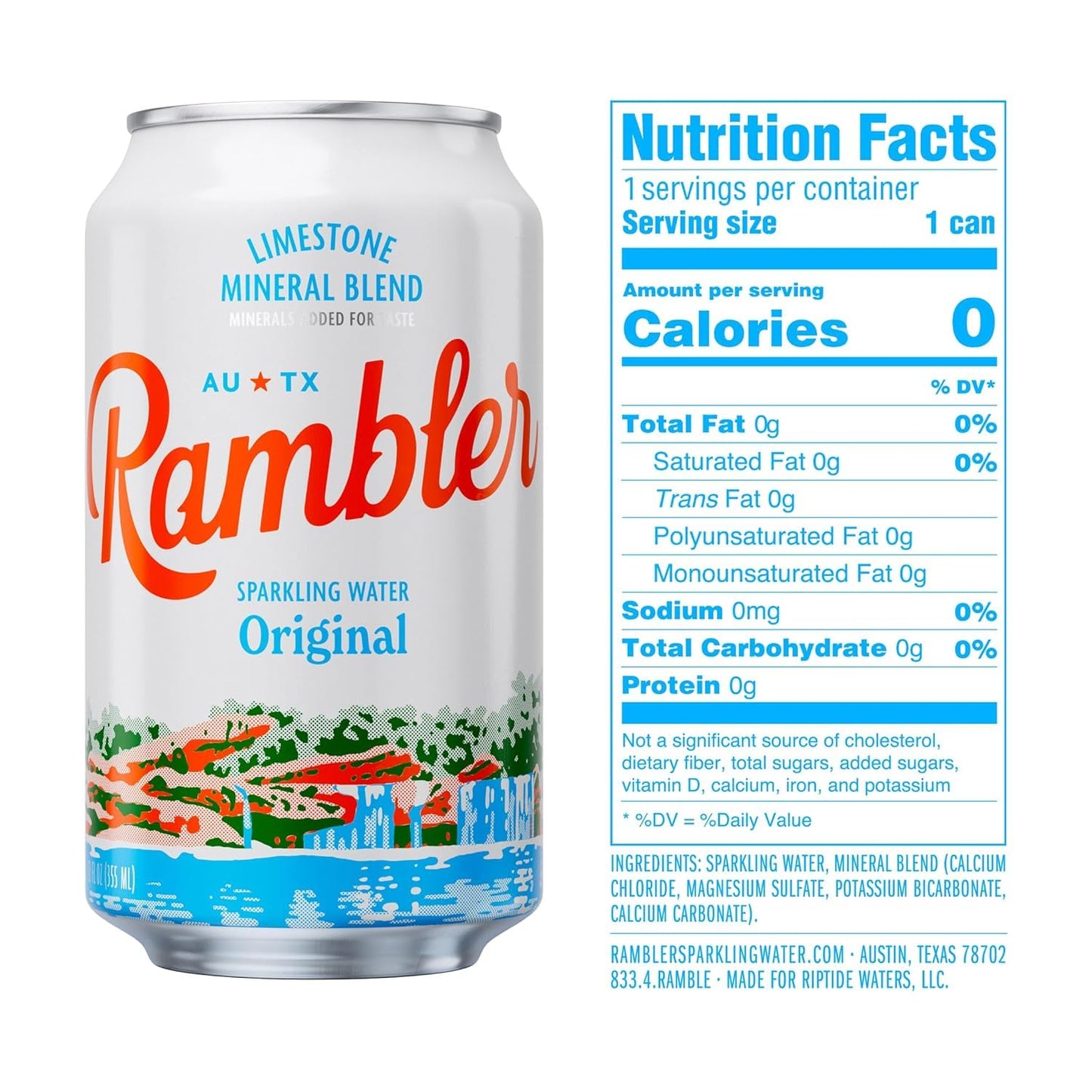 RAMBLER Variety Pack Sparkling Water, Texas Limestone Filtered, 12-Ounce Cans, 24 Total (8-Pack Each x 3 Flavors)