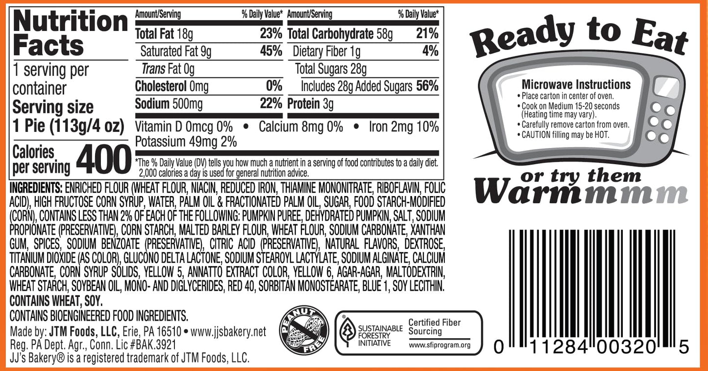 JJs Bakery Pumpkin Spice Pie Snack Pies, Individual Dessert, Fresh-Baked, Nut-Free, Kosher Parve, 4 Oz Each (Pack of 12)