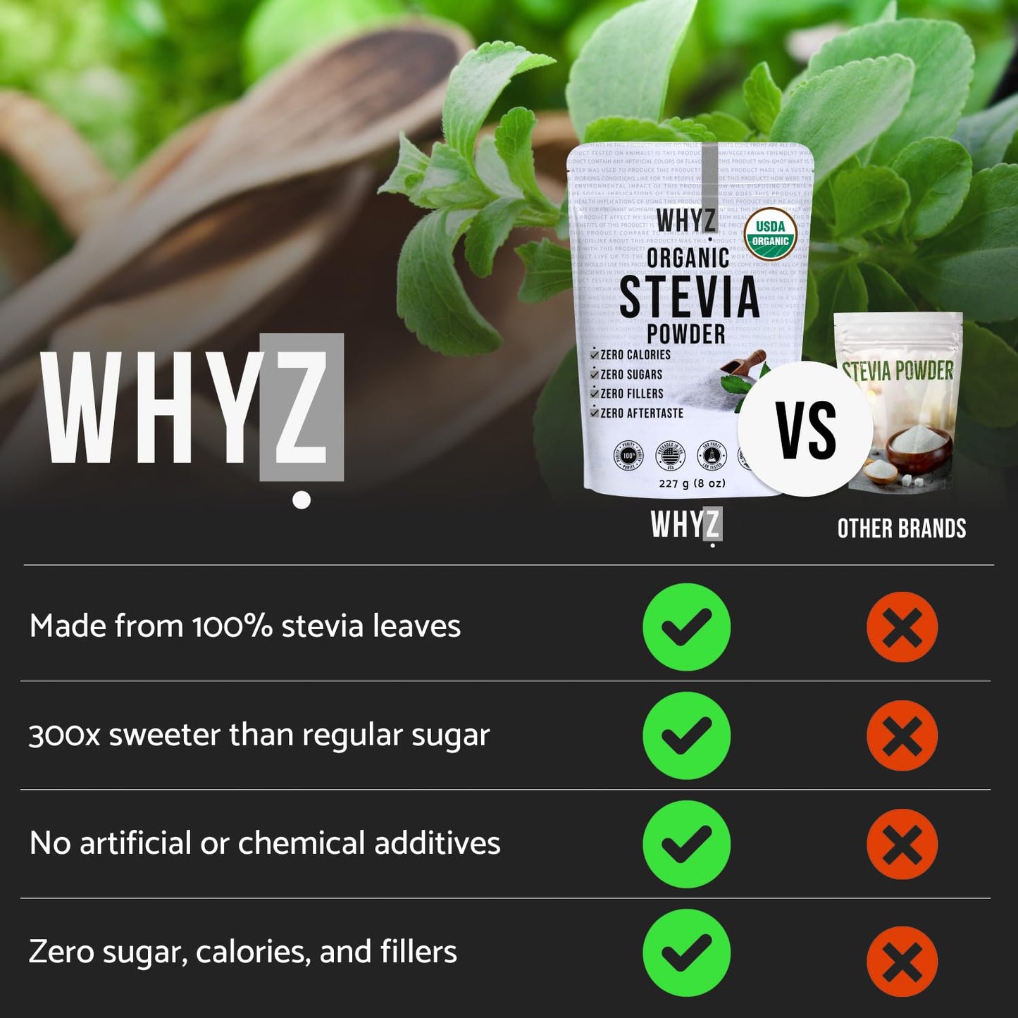 WHYZ Organic Stevia Powder, Zero Calorie Sweetener, Non-GMO, Keto Friendly, 8 oz