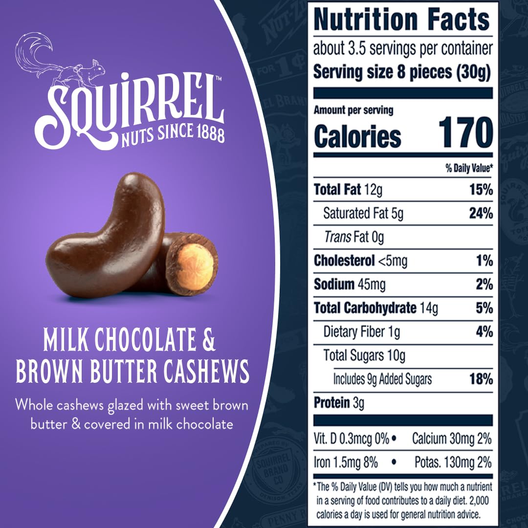 Squirrel Brand Milk Chocolate & Brown Butter Cashews  3.5 Ounces  Resealable Bag  Gluten Free  Snacks for mature-themeds and Kids  Fair Trade Certified Cocoa