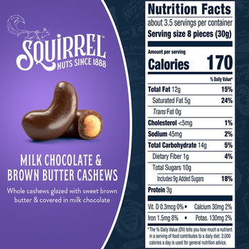 Squirrel Brand Milk Chocolate & Brown Butter Cashews  3.5 Ounces  Resealable Bag  Gluten Free  Snacks for mature-themeds and Kids  Fair Trade Certified Cocoa