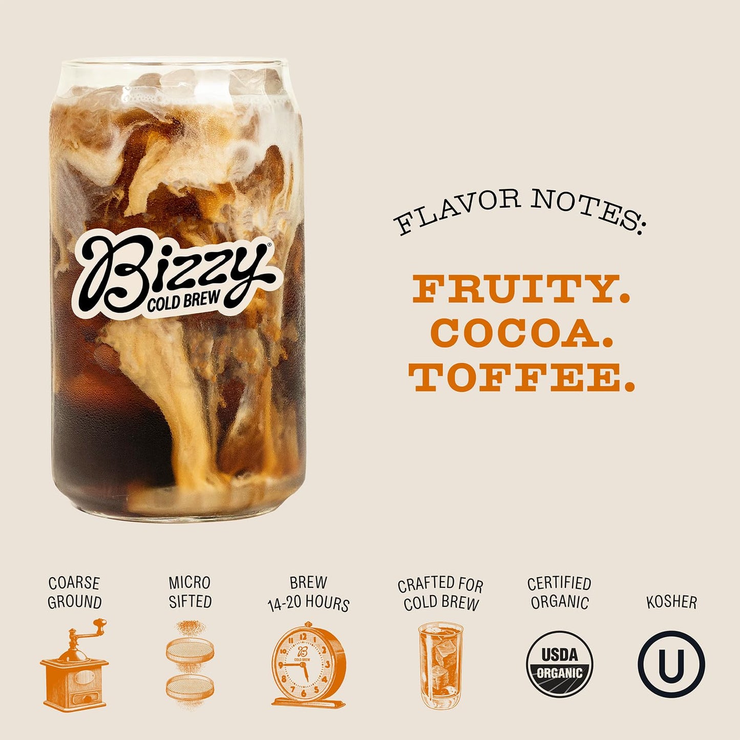 Bizzy Organic Cold Brew Coffee | Breakfast Blend | Coarse Ground Coffee | Medium-Light Roast | Micro Sifted | Specialty Grade |