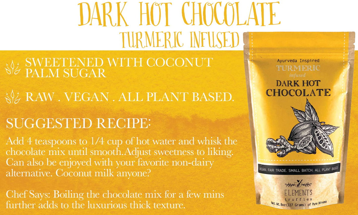 Elements Truffles Dark Hot Chocolate Mix - Vegan, All-Natural, 16 oz, Turmeric Flavor