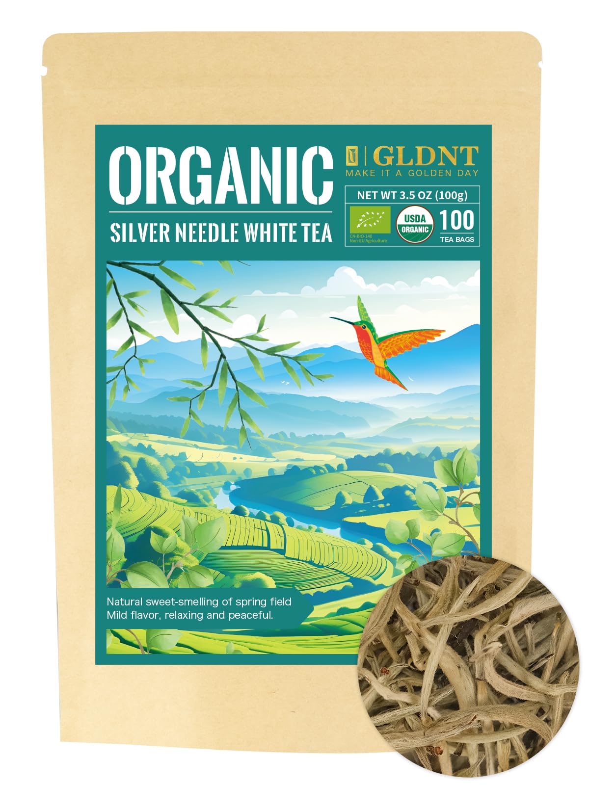 Gldnt Organic Silver Needle White Tea, Enhanced Chinese Organic White Tea Loose Leaf, Low Caffeine, Delicate & Smooth Flavor, 3.5Oz
