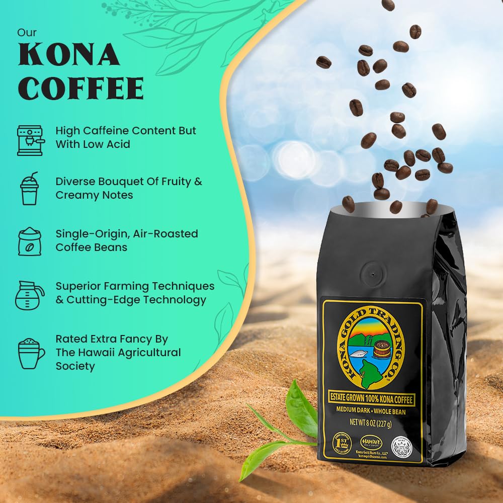Kona Gold spirit-inspired flavor Co. 8oz Kona Coffee Whole Beans - Extra Fancy Medium/Dark Roast, Peach Notes with Cream Tones
