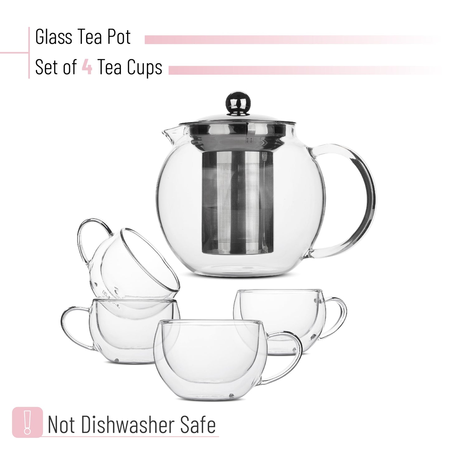 Btat- Glass Tea Pot Set, Set Of 4, Double Wall Glass Tea Cup And Kettle With Infuser, Christmas Gifts