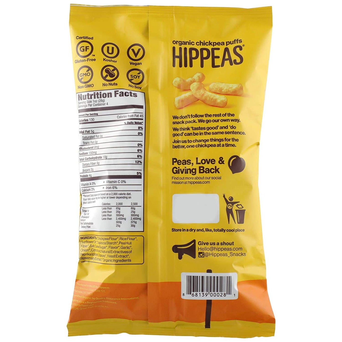 Hippeas Organic Chickpea Puffs + Vegan Nacho Vibes | 4 Ounce, 12 Count | Vegan, Gluten-Free, Crunchy, Protein Snacks
