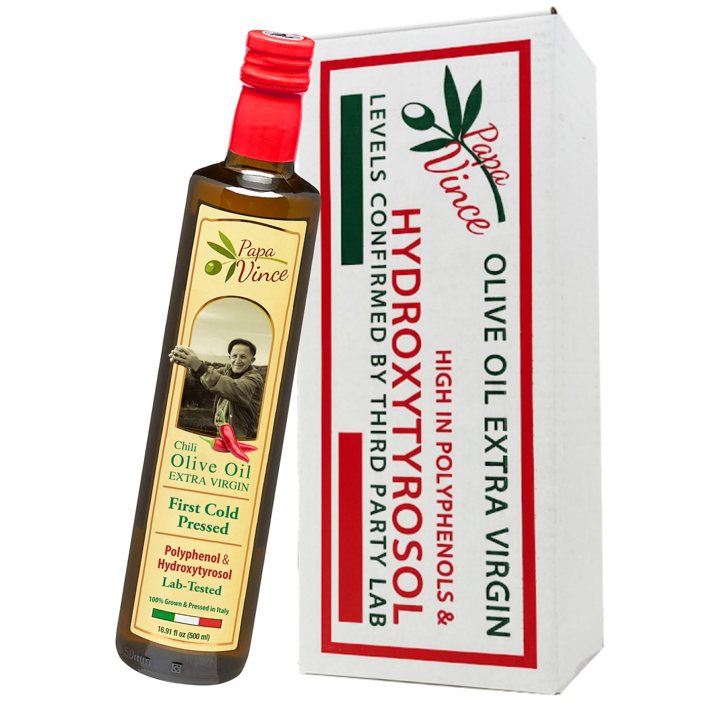 Papa Vince Olive Oil Extra Virgin - First Cold Pressed, Polyphenol Rich Olive Oil (Evoo). Chili Pepper Agrumato, Unfiltered, Single Sourced, Glass Bottle, Family Made, Sicily, Italy
