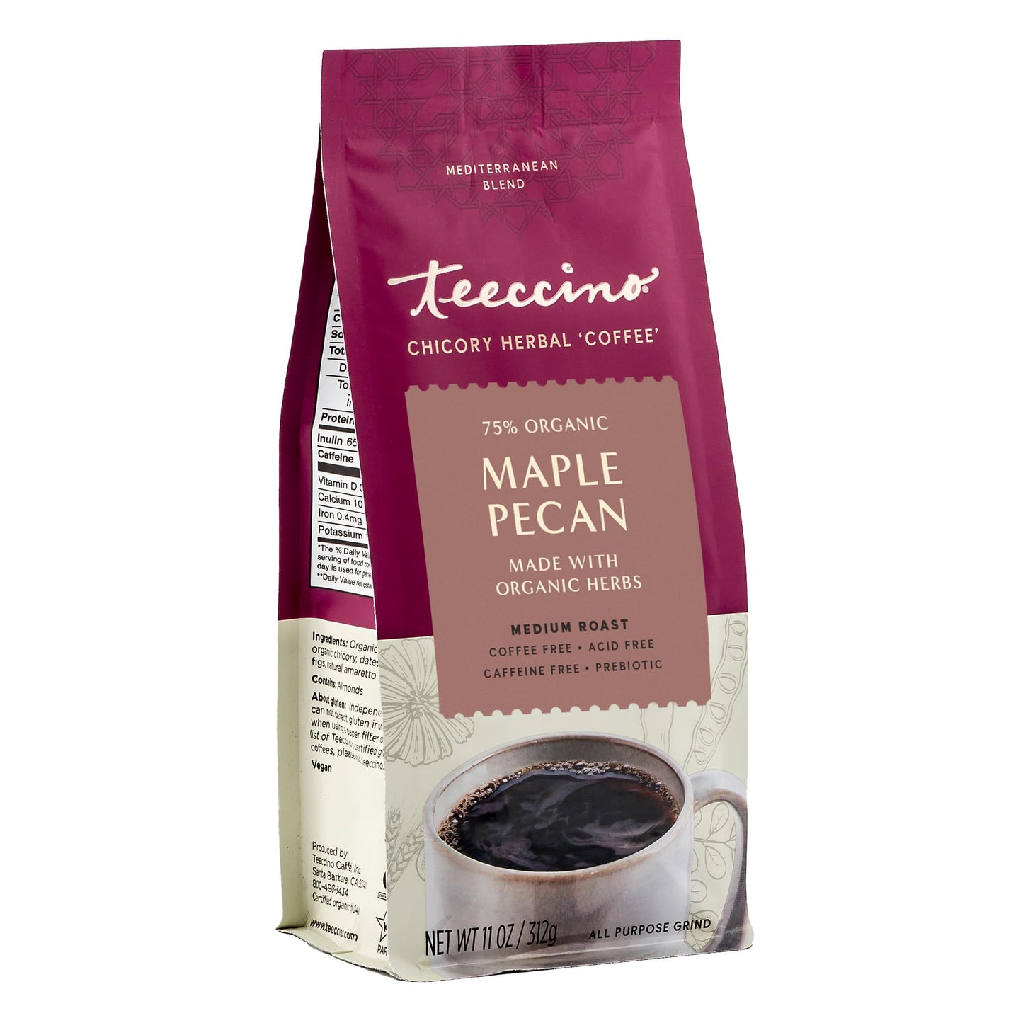 Teeccino Maple Pecan Chicory Coffee Alternative, Caffeine Free, Medium Roast, 11 Ounce