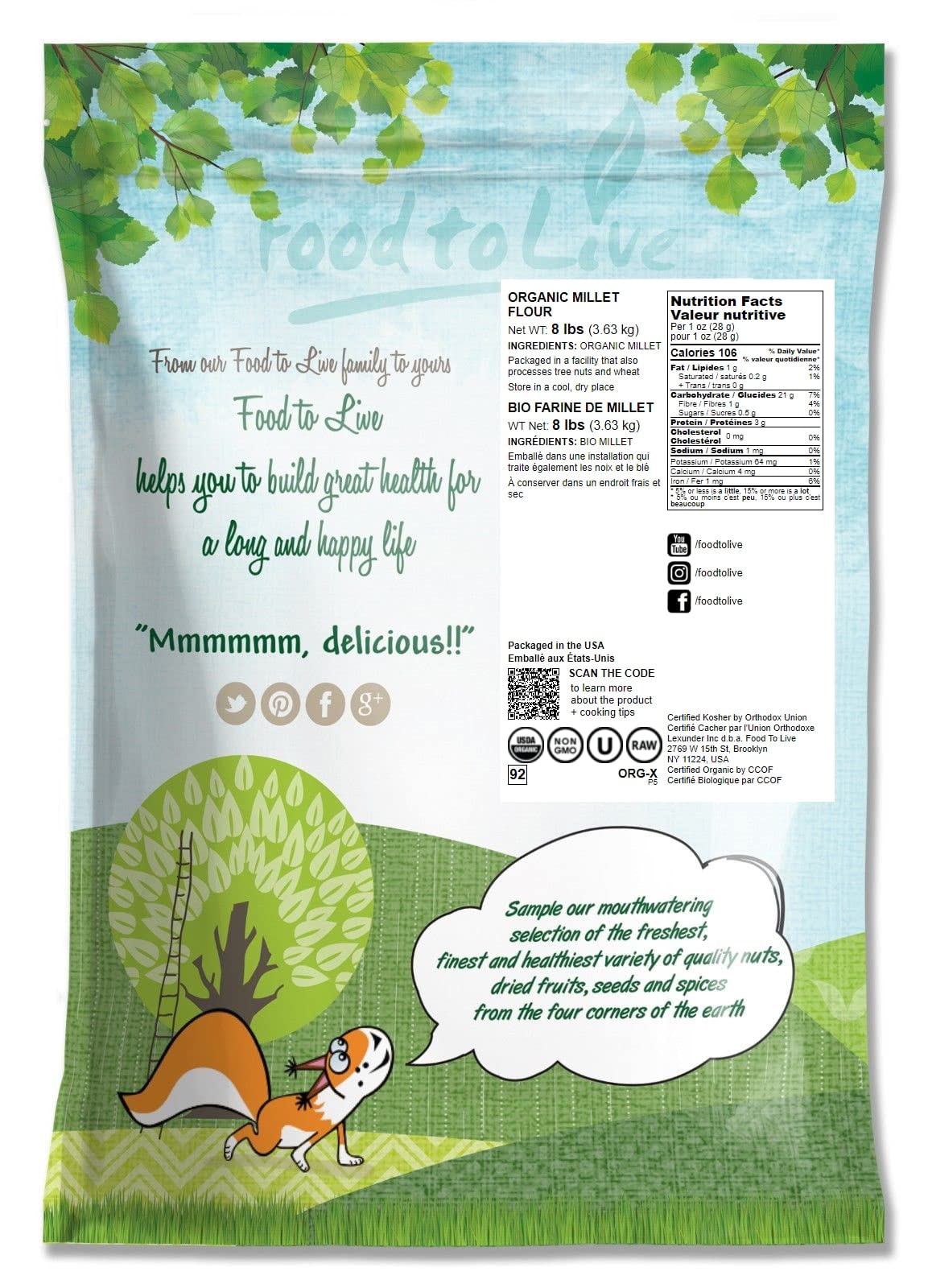 Food To Live Organic Millet Flour, 8 Pounds Non-Gmo, Kosher, Vegan, Stone Ground, Unbleached, Unbromated, Bulk, Product Of The Usa